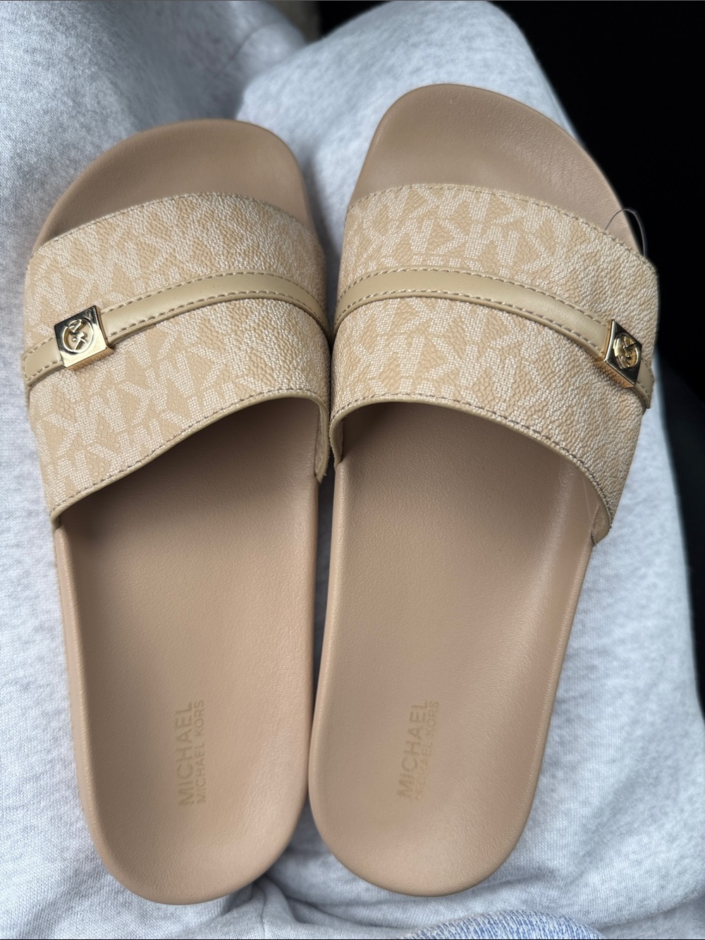 Michael Kors Beige Monogram Slide Sandals with Gold Accent